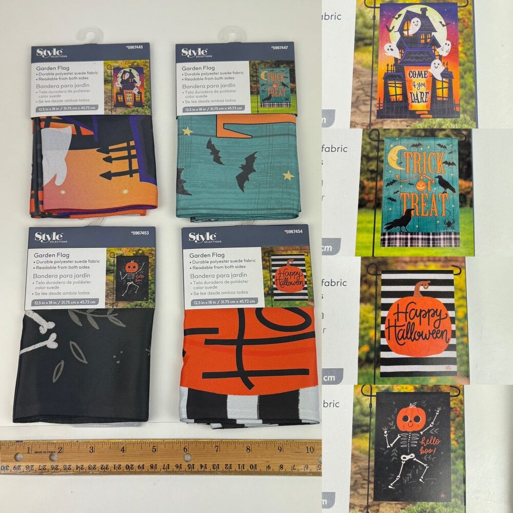 Lot of 4 Halloween‎ Garden Flags 12.5 x 18 inch Trick or Treat Style Selections